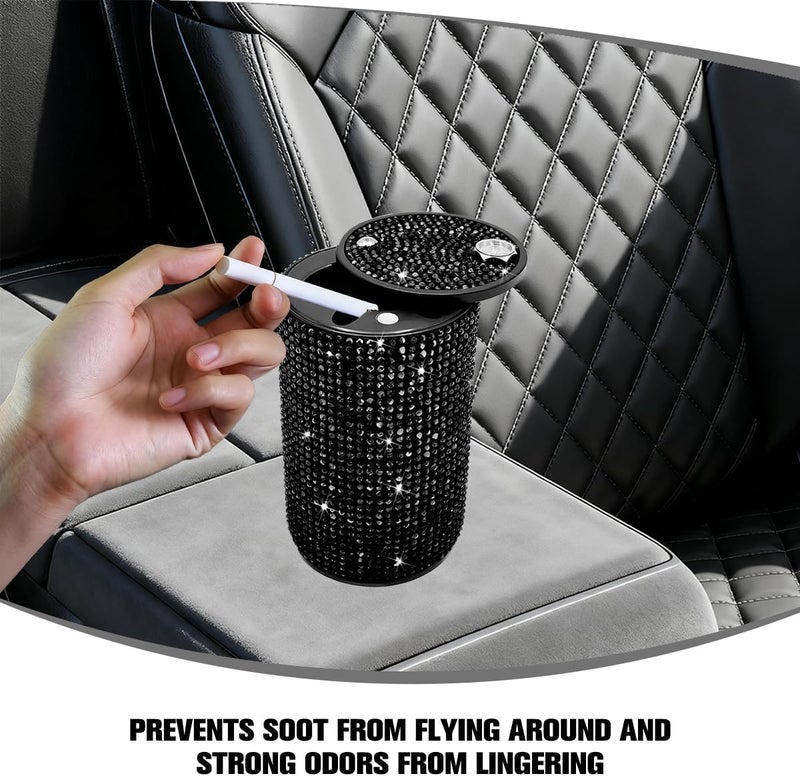 FALVFUN Bling Car Ashtray, Rhinestones Smokeless Smell Proof Vehicle Cup Holder Ash Tray with Lid, Sparkling Diamond Portable Automotive Interior Ashtray, Universal for SUV RV Truck (Black) - Image 2
